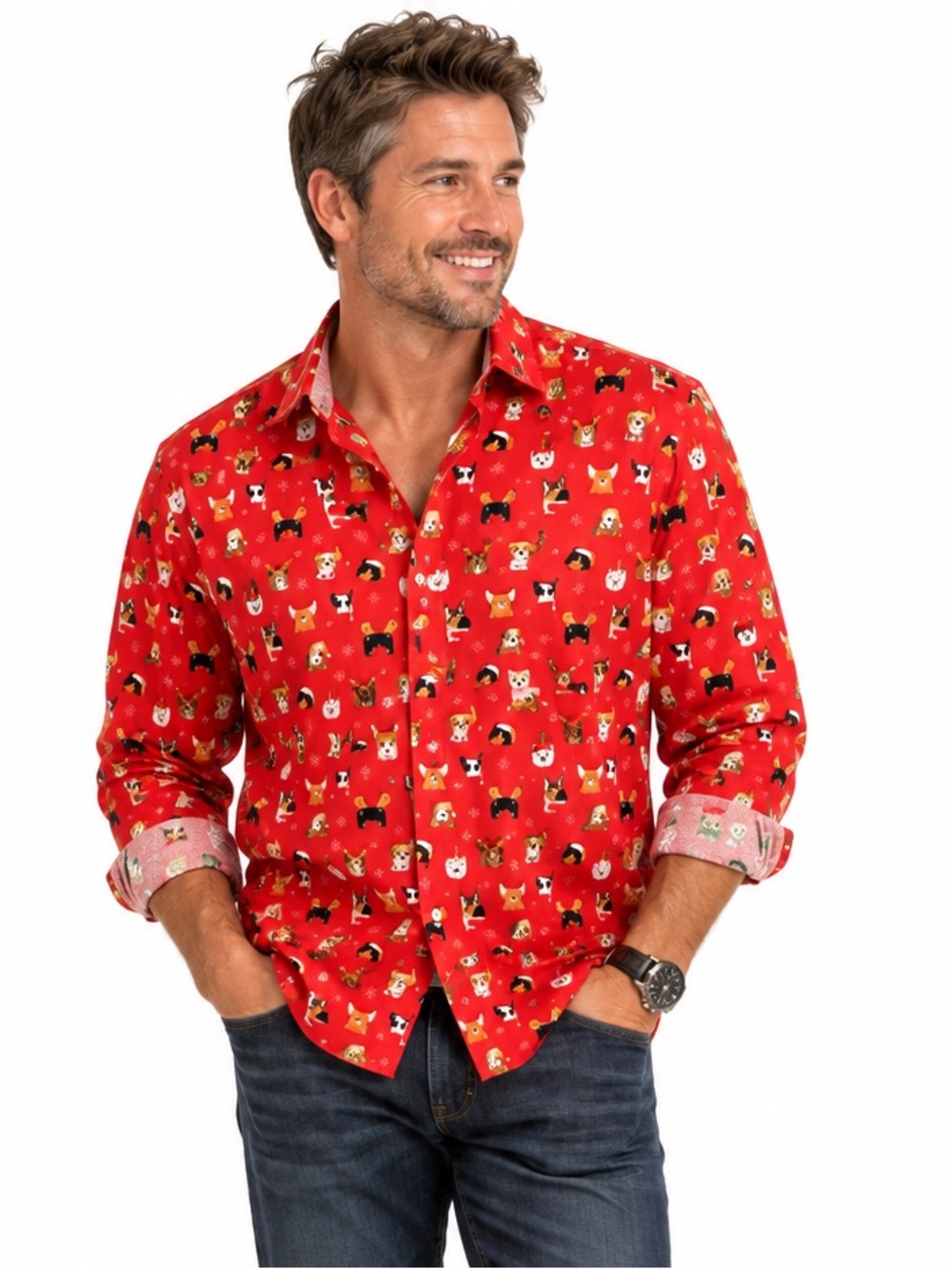 Simon Banks Red Christmas Dog Print Shirt – Holiday Button-Up Unisex mens women